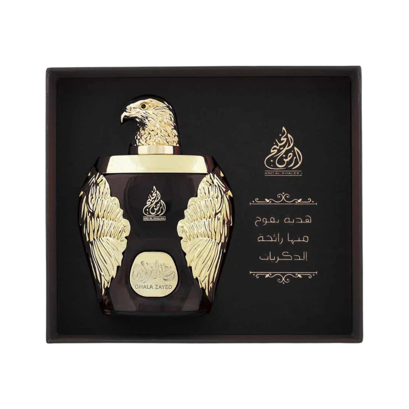 Perfume GHALA ZAYED de BodegaPerfumera13 en frasco oscuro con tapón de halcón dorado en caja de regalo elegante