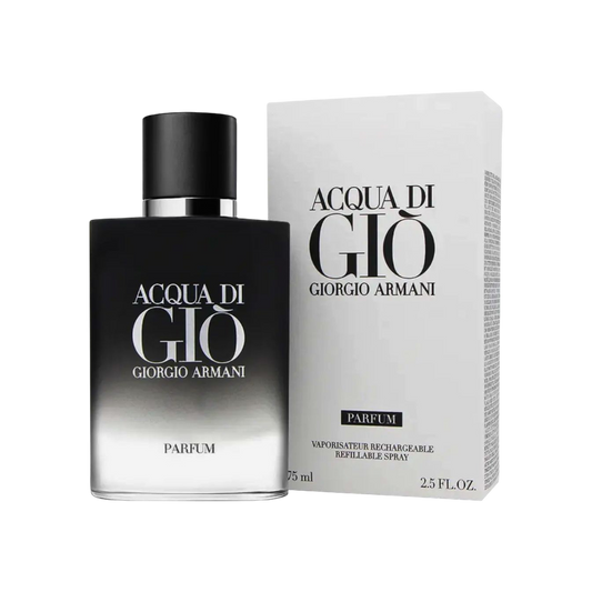 Perfume Acqua di Gio Parfum de BodegaPerfumera13 con frasco degradado negro y caja blanca, fragancia marina y amaderada