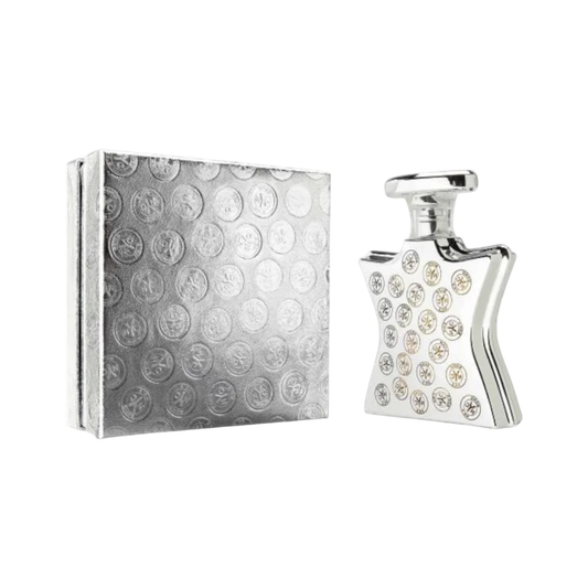Perfume Bond Cooper Square de BodegaPerfumera13 en frasco plateado con diseño de monedas y caja a juego