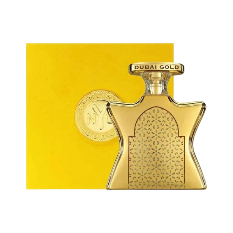 Perfume BOND DUBAI de BodegaPerfumera13 en frasco dorado con diseño geométrico y caja amarilla de fondo