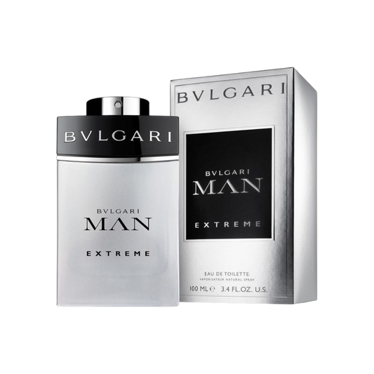 Perfume BVLGARI EXTREME de BodegaPerfumera13 en frasco de cristal plateado con caja metálica a juego