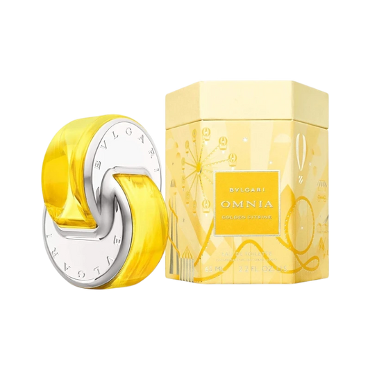 Perfume Bvlgari Omnia Golden Citrine de BodegaPerfumera13 con frasco amarillo y caja hexagonal decorada