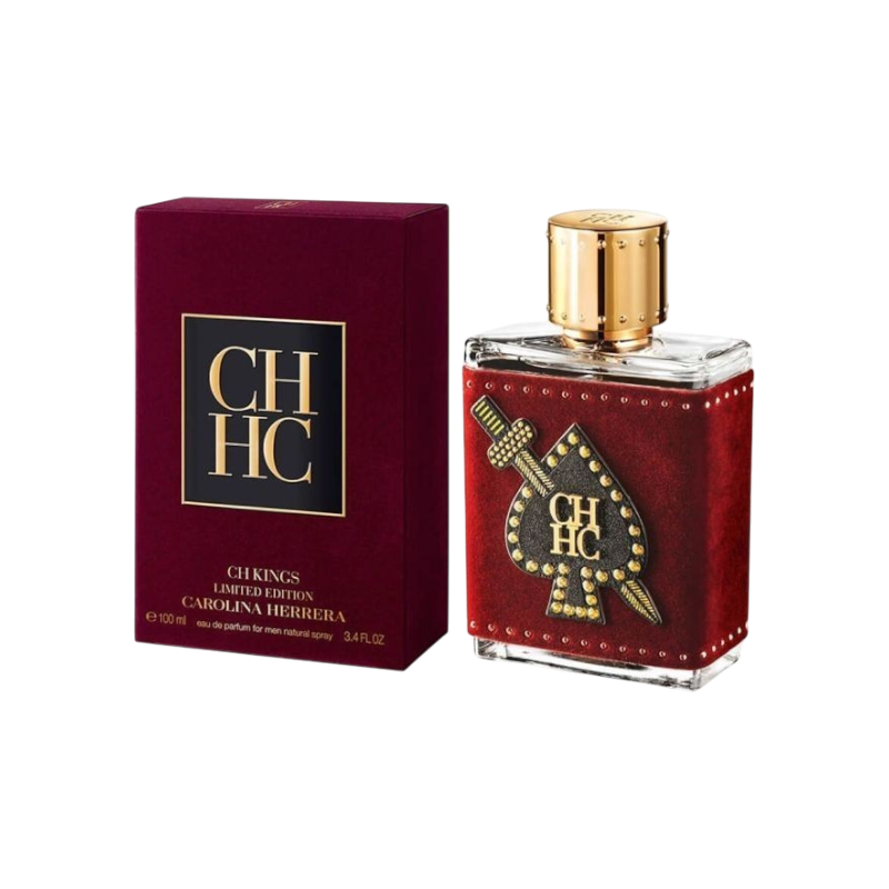 Perfume CH Kings de BodegaPerfumera13, fragancia masculina en frasco de terciopelo rojo con detalle de espada y pica.