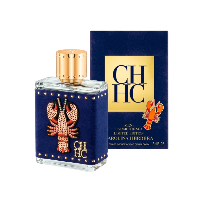 Perfume CH Men Under The Sea de BodegaPerfumera13 con frasco azul decorado con una langosta de lentejuelas y tapa dorada