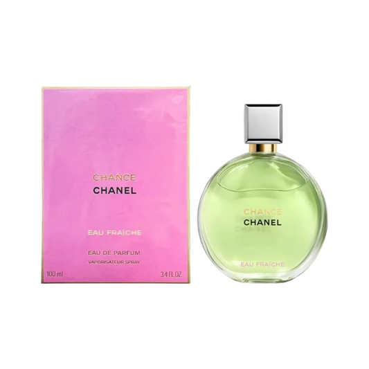 Perfume Chance Chanel Eau Fraîche de BodegaPerfumera13 con frasco redondo de cristal verde y caja rosa