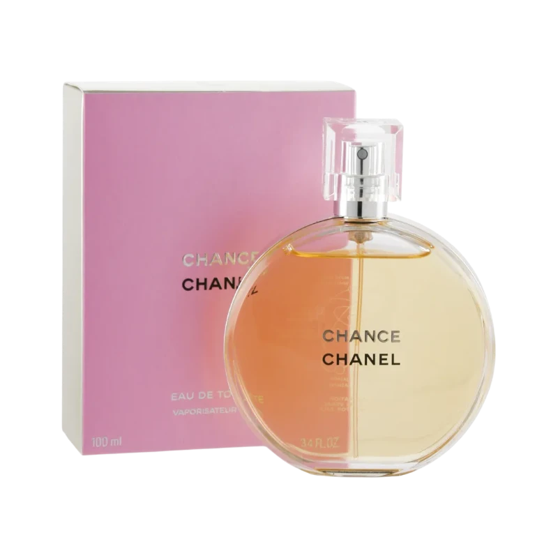 Perfume Chance Chanel de BodegaPerfumera13 en frasco redondo de cristal con caja rosa sobre fondo blanco