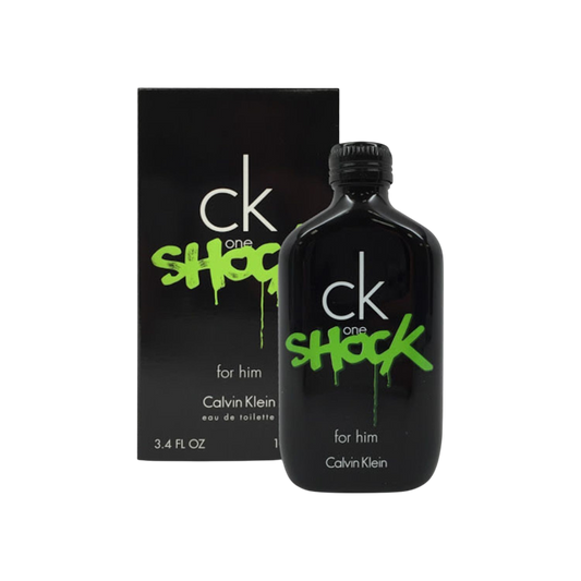Perfume CK SHOCK for him de BodegaPerfumera13 en frasco negro con letras verdes estilo graffiti y caja a juego