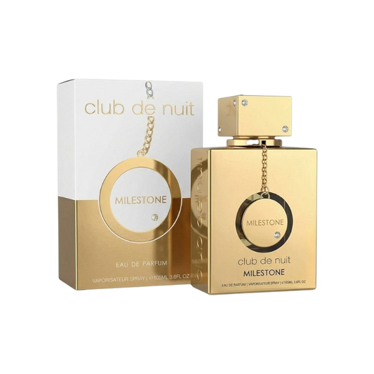 Perfume Club De Nuit Milestone de BodegaPerfumera13 en frasco dorado con caja elegante y diseño de cadena