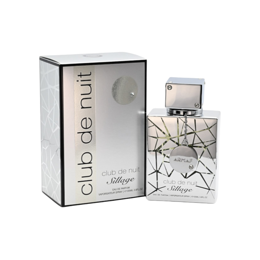 Perfume BodegaPerfumera13 Club De Nuit Sillage con frasco y caja plateados de diseño geométrico moderno y elegante