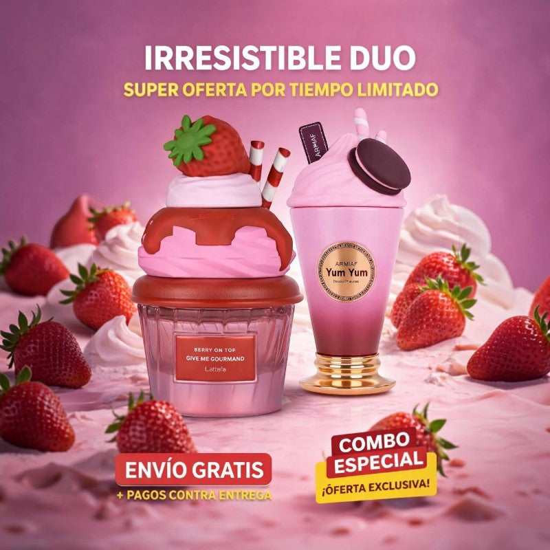 Combo de perfumes BodegaPerfumera13 con botellas temáticas de postre, fresas frescas y crema sobre fondo rosa