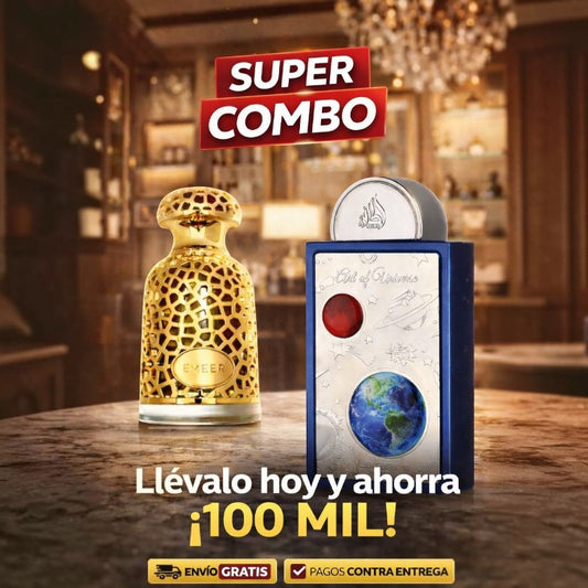 Combo de perfumes BodegaPerfumera13 con botella dorada Emeer y fragancia azul Art of Universe con diseño espacial