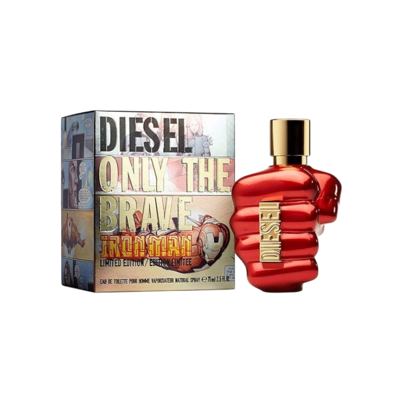 Perfume BodegaPerfumera13 Diesel Only The Brave Iron Man en frasco rojo con forma de puño y caja temática de cómic.