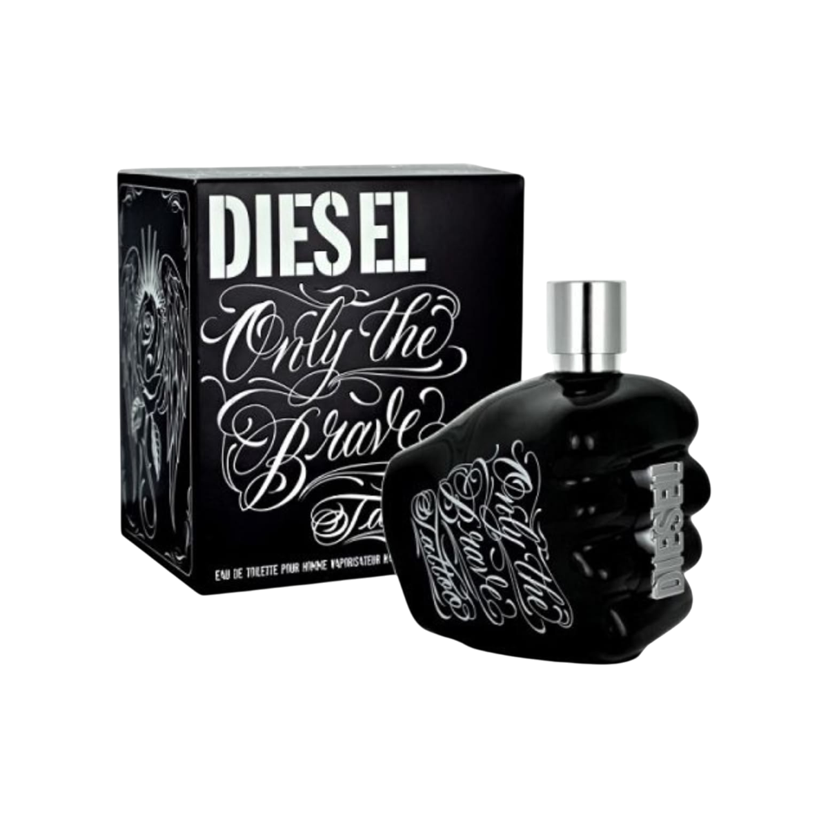 Perfume Diesel Only The Brave Tattoo de BodegaPerfumera13 en frasco negro con forma de puño y caja decorada