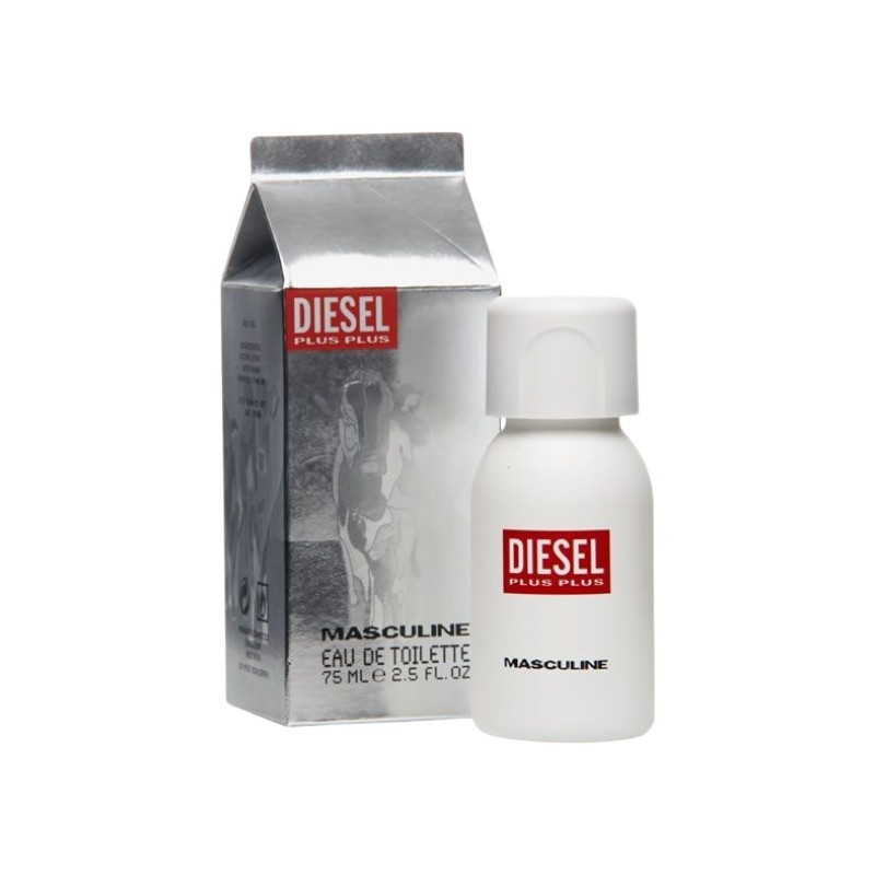 Perfume Diesel Plus Plus Masculine de BodegaPerfumera13 con frasco blanco y caja plateada con diseño de vaca