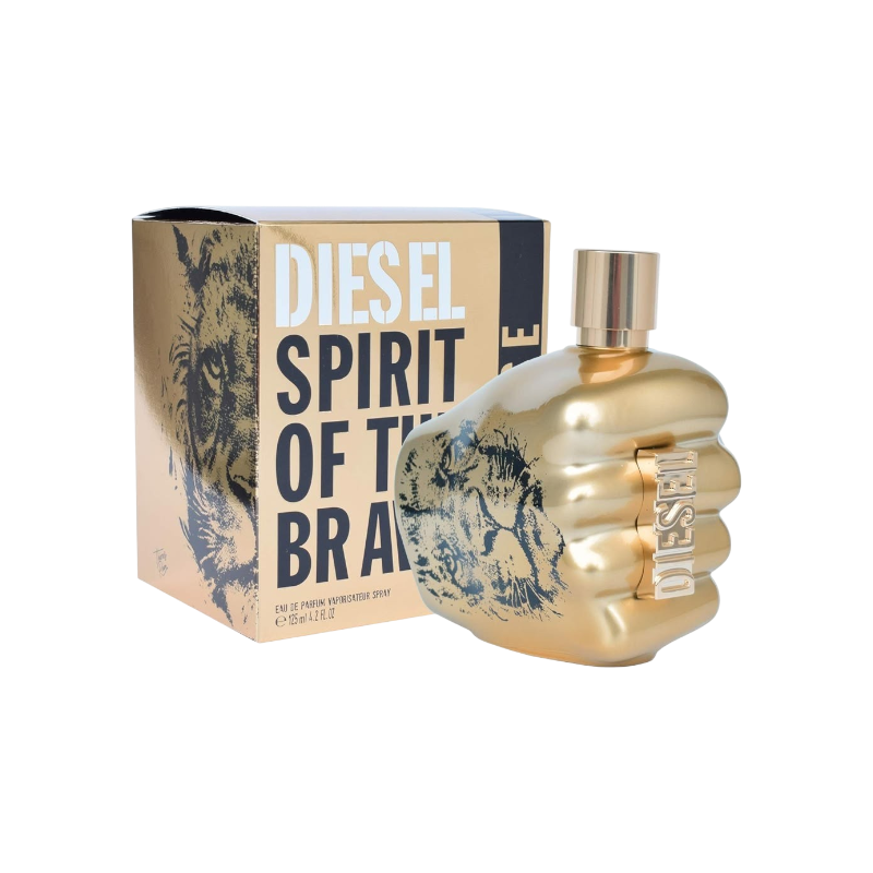 Perfume Diesel Spirit of the Brave Intense de BodegaPerfumera13 en frasco dorado con forma de puño y caja a juego.