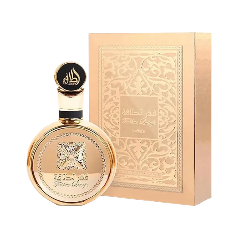Perfume Fakhar Gold Extrait de BodegaPerfumera13 en frasco dorado circular con caja decorada a juego