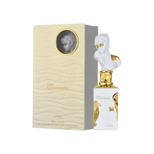 Perfume Her Confession Original de BodegaPerfumera13 en frasco escultórico blanco y dorado con busto clásico