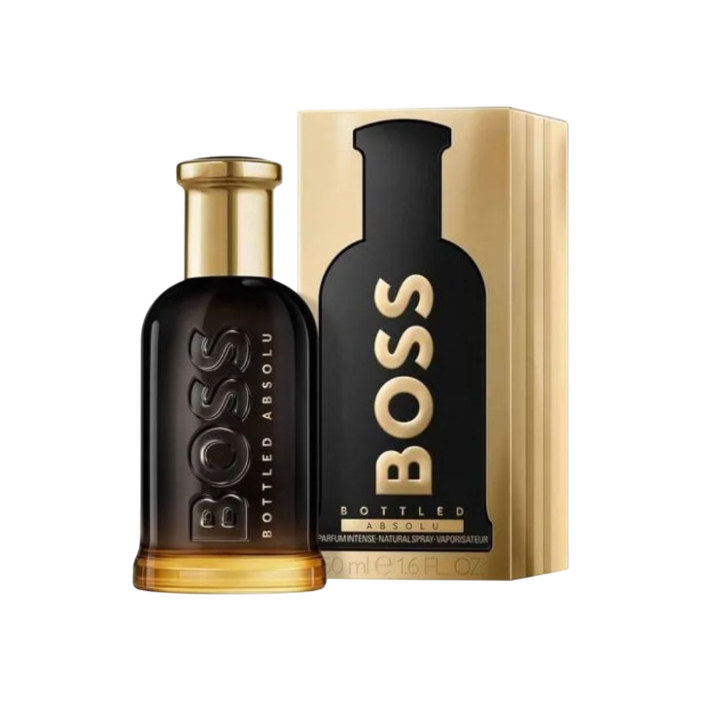 Perfume Hugo Boss Bottled Absolu de BodegaPerfumera13 en frasco de vidrio oscuro con tapa dorada y caja a juego