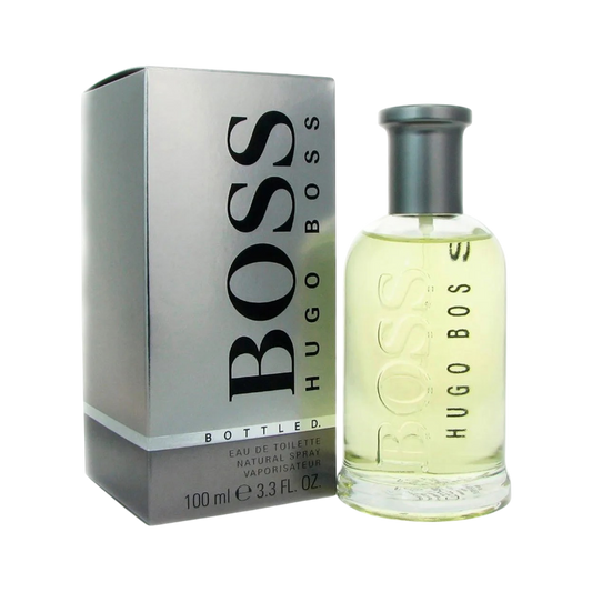Perfume Hugo Boss Bottled Original de BodegaPerfumera13 en frasco de vidrio con caja plateada elegante