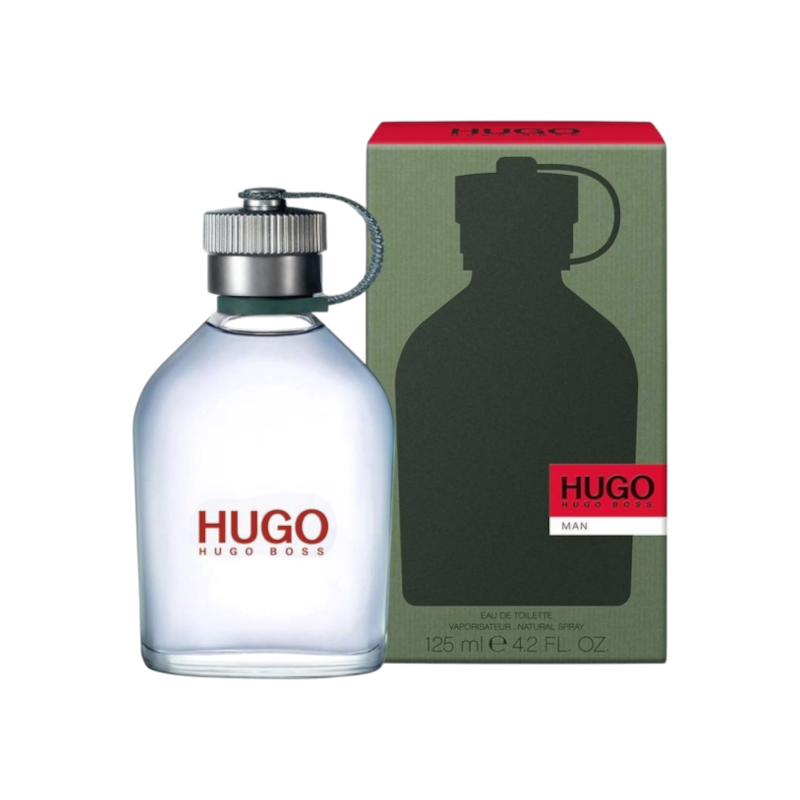Perfume HUGO BOSS MAN de BodegaPerfumera13 en frasco de vidrio transparente con tapón de rosca y caja verde