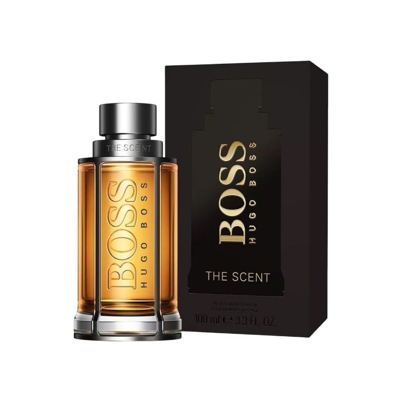Perfume Hugo Boss The Scent de BodegaPerfumera13 con frasco de vidrio ámbar y caja negra elegante