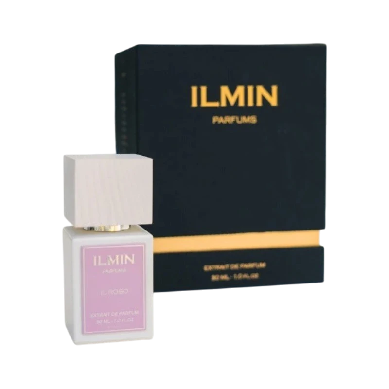 Perfume ILMIN IL ROSSO de BodegaPerfumera13 en frasco blanco con tapa de madera y caja negra elegante