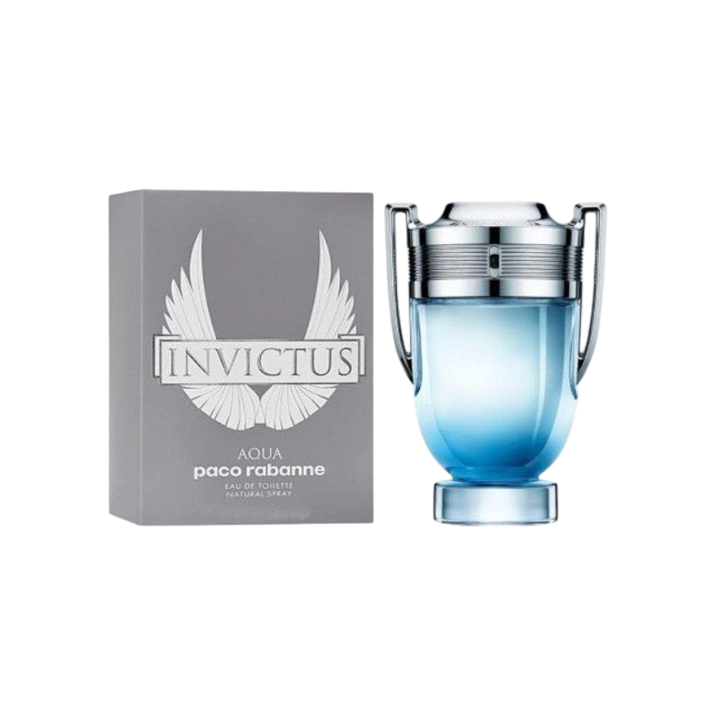 Perfume Invictus Aqua de Paco Rabanne en frasco azul con forma de trofeo y caja gris de BodegaPerfumera13