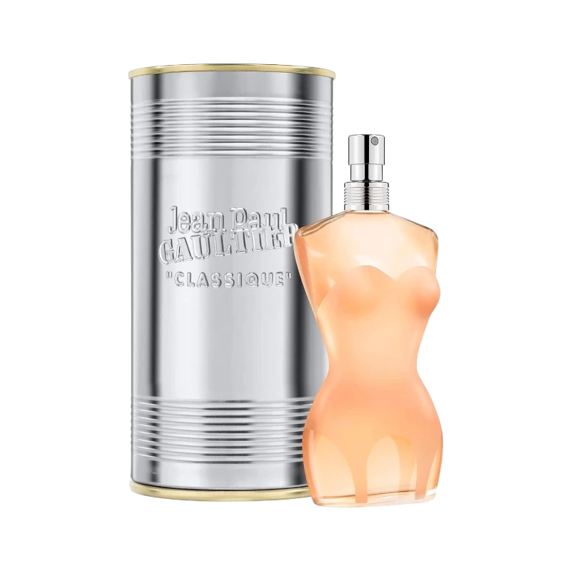 Perfume Jean Paul Classique de BodegaPerfumera13 en frasco con forma de silueta femenina junto a su lata metálica