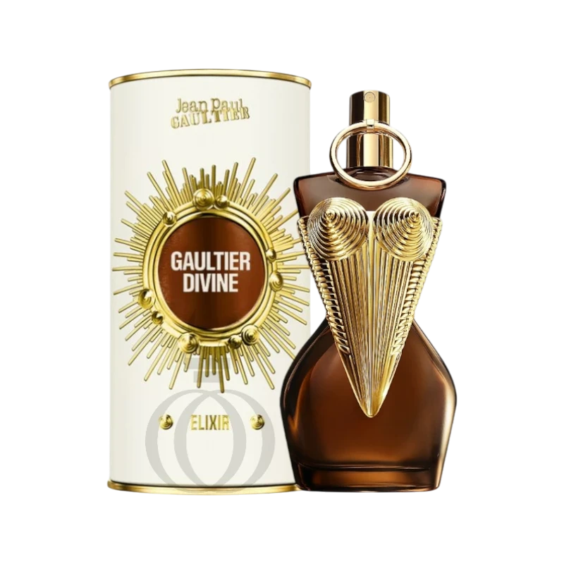 Perfume Jean Paul Gaultier Divine Elixir de BodegaPerfumera13 en frasco marrón con detalles dorados y estuche cilíndrico