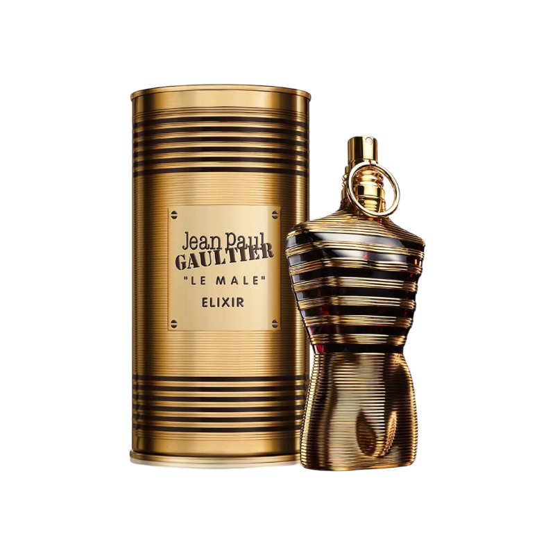 Perfume Jean Paul Gaultier Le Male Elixir de BodegaPerfumera13 en frasco dorado con forma de torso y estuche cilíndrico