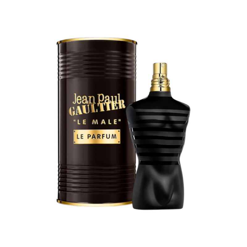 Perfume Jean Paul Gaultier Le Male Le Parfum en frasco negro con detalles dorados y su icónica lata de BodegaPerfumera13