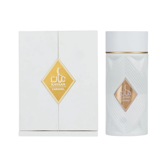 Perfume Kayaan Caramel Original de BodegaPerfumera13 con frasco blanco texturizado y caja de presentación elegante.