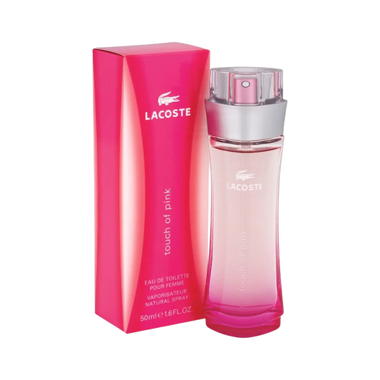 Perfume Lacoste Touch of Pink de BodegaPerfumera13 en frasco de vidrio rosa con caja a juego de 50ml