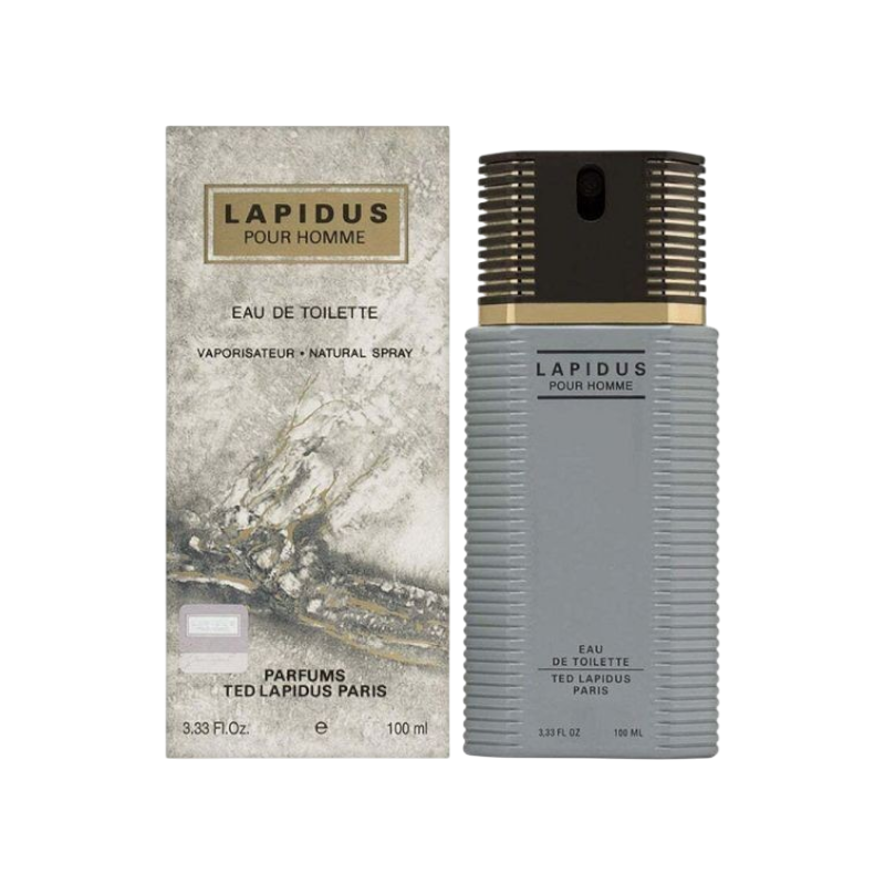 Perfume BodegaPerfumera13 Lapidus Pour Homme con caja y frasco de 100ml de diseño estriado gris y tapa negra