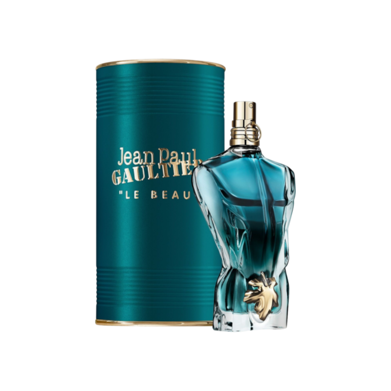 Perfume masculino LE BEAU LE MALE de BodegaPerfumera13 en frasco con forma de torso y lata de presentación verde