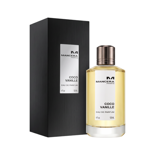 Perfume Mancera Coco Vainille de BodegaPerfumera13 con frasco de cristal y caja negra elegante