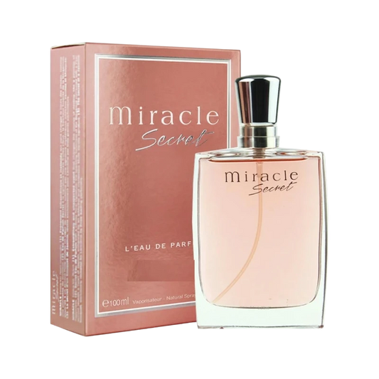 Perfume Miracle Secret de BodegaPerfumera13 en frasco de cristal transparente con caja rosa metalizada de 100ml