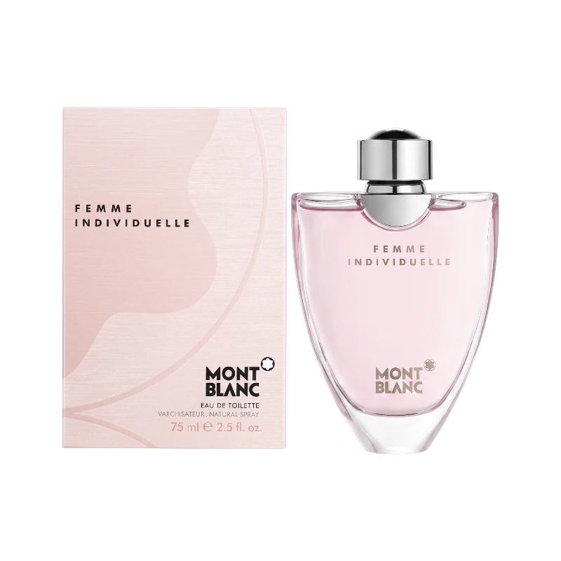 Perfume Mont Blanc Femme Individuelle de BodegaPerfumera13 con frasco de vidrio rosa y caja a juego de 75 ml