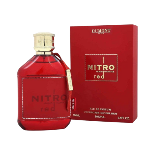 Perfume Nitro Red de BodegaPerfumera13 en frasco rojo con detalles dorados y caja a juego, fragancia frutal intensa.