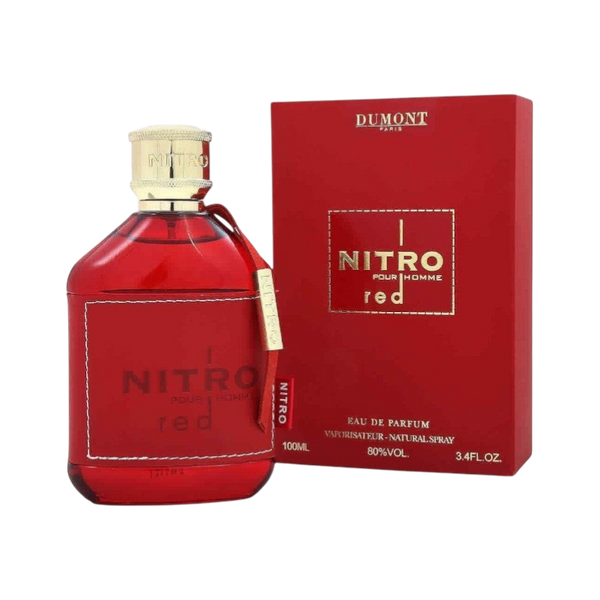 Perfume Nitro Red de BodegaPerfumera13 en frasco rojo con detalles dorados y caja a juego, fragancia frutal intensa.