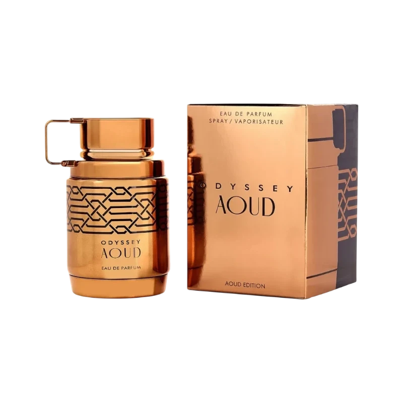 Perfume Odyssey Aoud de BodegaPerfumera13 en frasco metálico color cobre con diseño geométrico y caja a juego