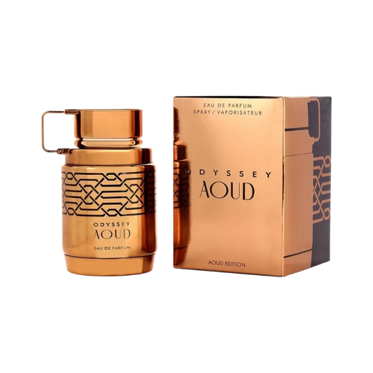 Perfume Odyssey Aoud de BodegaPerfumera13 en frasco metálico color cobre con diseño geométrico y caja a juego