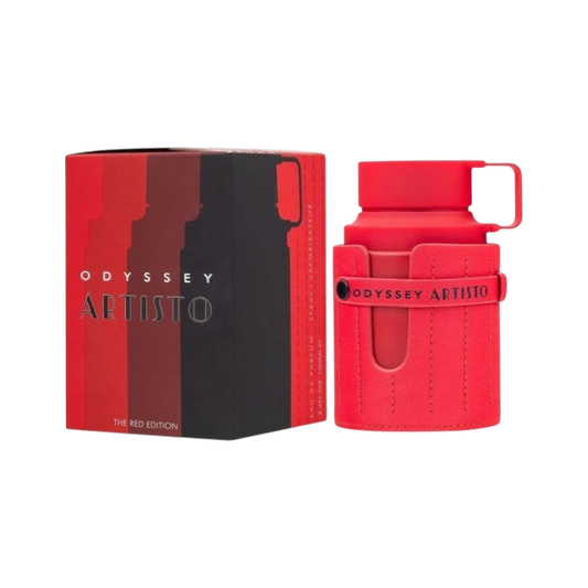 Perfume Odyssey Artisto de BodegaPerfumera13 en frasco rojo con funda acolchada junto a su caja elegante.