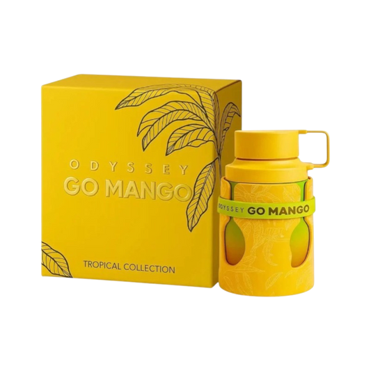 Perfume Odyssey Go Mango de BodegaPerfumera13 en frasco amarillo con funda protectora y caja tropical a juego