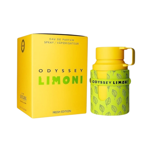 Perfume Odyssey Limoni Original de BodegaPerfumera13 con caja amarilla y frasco con funda verde de hojas