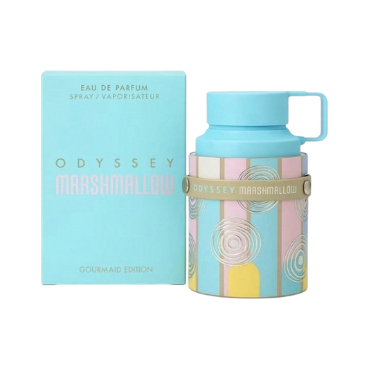 Perfume Odyssey Marshmallow Original de BodegaPerfumera13 con caja azul y frasco decorado en tonos pastel