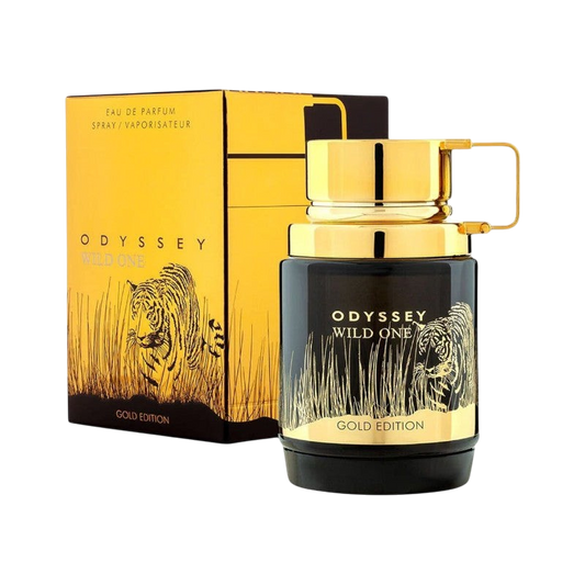 Perfume Odyssey Wild One Original de Armaf en BodegaPerfumera13, frasco negro y dorado con diseño de tigre en relieve