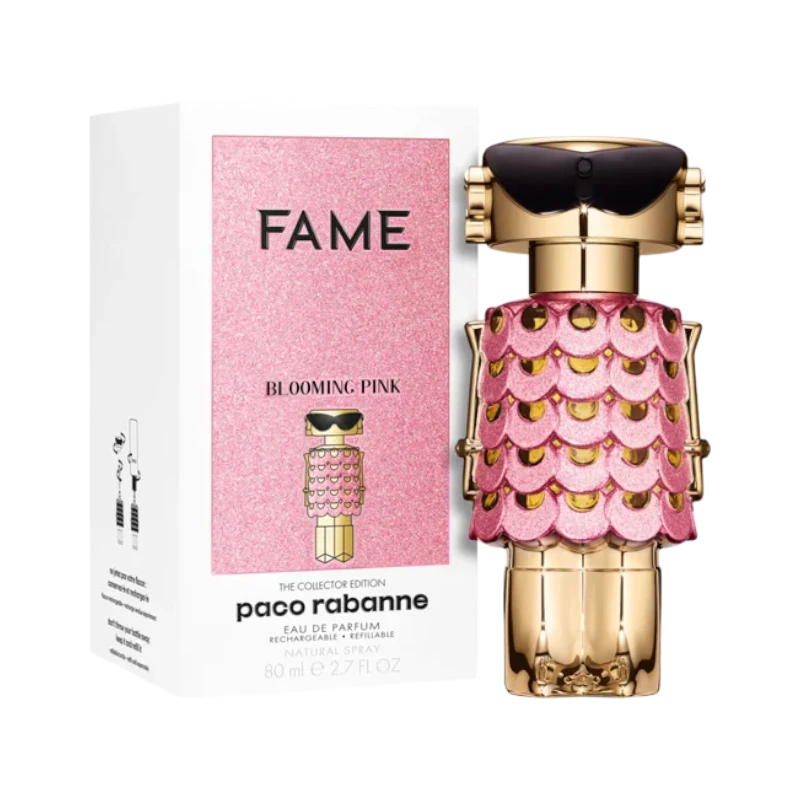 Perfume Paco Rabanne Fame Blooming Pink de BodegaPerfumera13 en frasco con forma de robot y caja rosa brillante