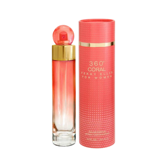 Perfume 360 Coral de BodegaPerfumera13 en frasco cilíndrico de vidrio con tapa redonda y caja cilíndrica a juego