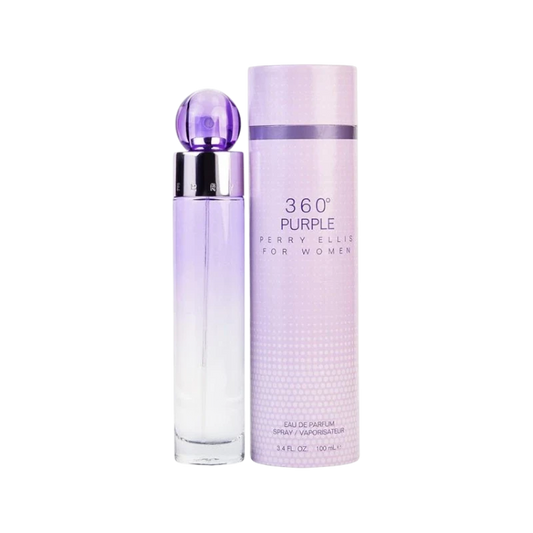 Perfume 360 Purple de BodegaPerfumera13 en frasco cilíndrico de vidrio con tapa esférica y estuche cilíndrico lila